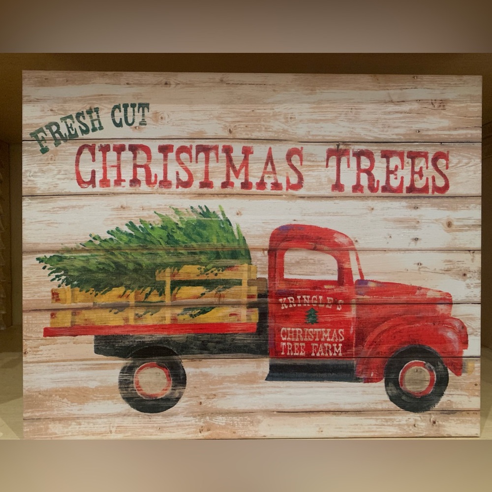 Red Truck with Christmas Tree Canvas Wall Art 20” X 16”